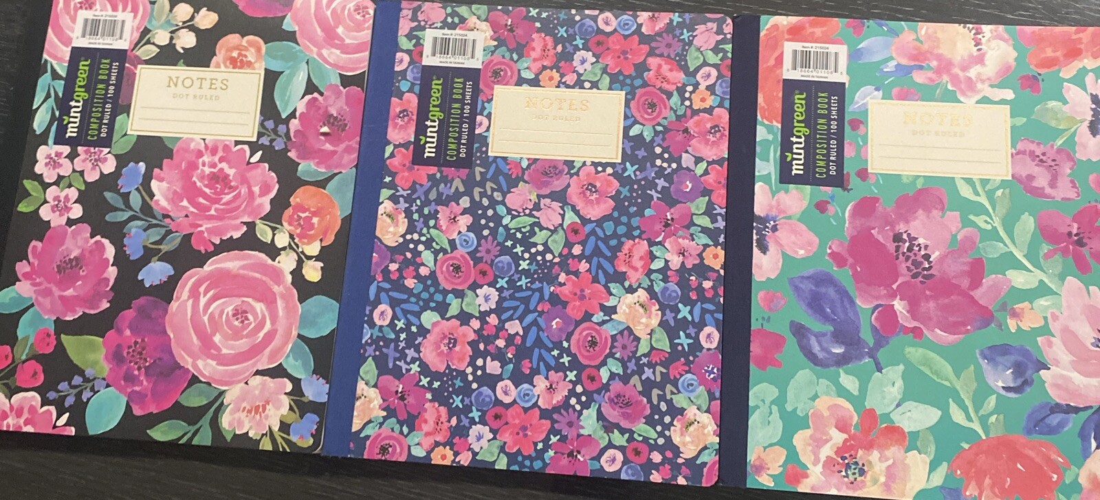 3 x DOT-RULED Mintgreen Floral Notes Composition 100-Sheet Note Book, mix-match