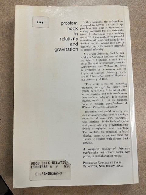 PROBLEM BOOK IN RELATIVITY AND GRAVITATION by Lightman&Press&Teukolsky 1975 VG