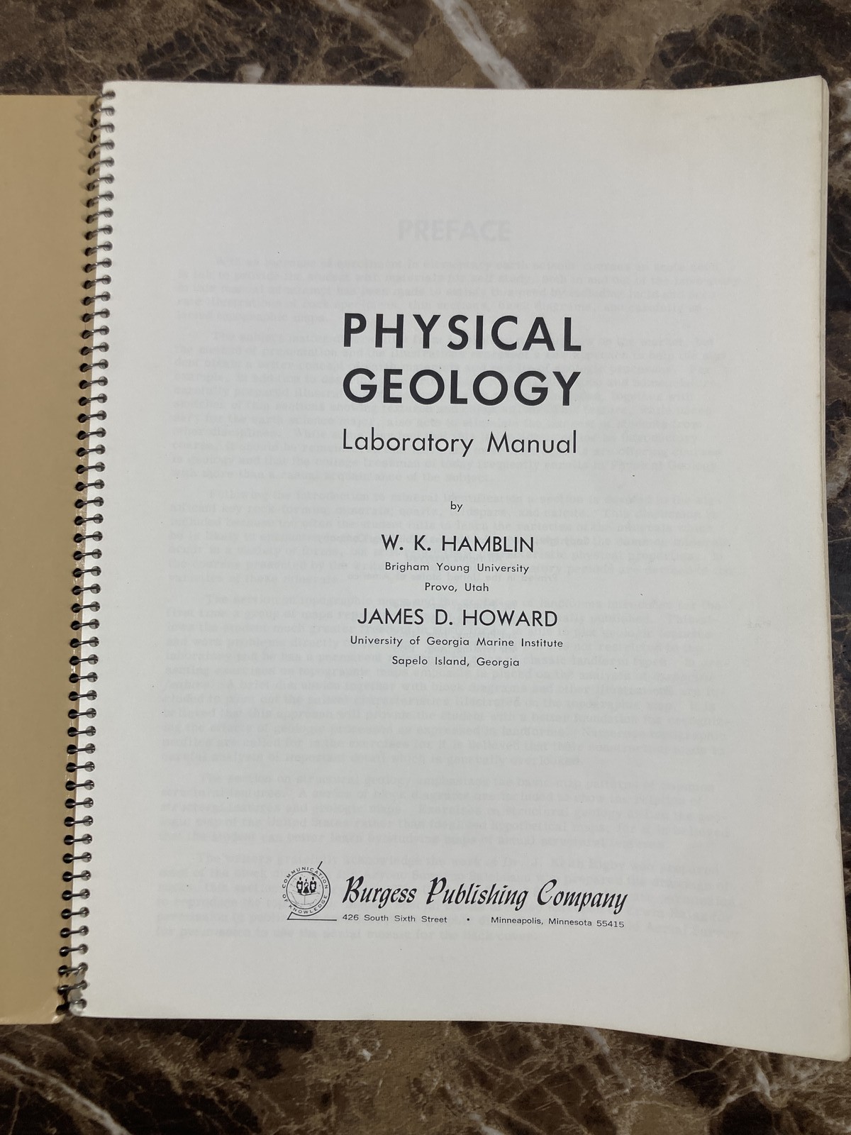 Physical Geology Laboratory Manual W. K. Hamblin J. D. Howard 1965 Spiral Bound