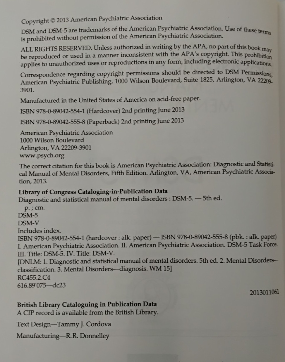 Diagnostic & Statistical Manual of Mental Disorders DSM-5 5th Edition HC #B1005
