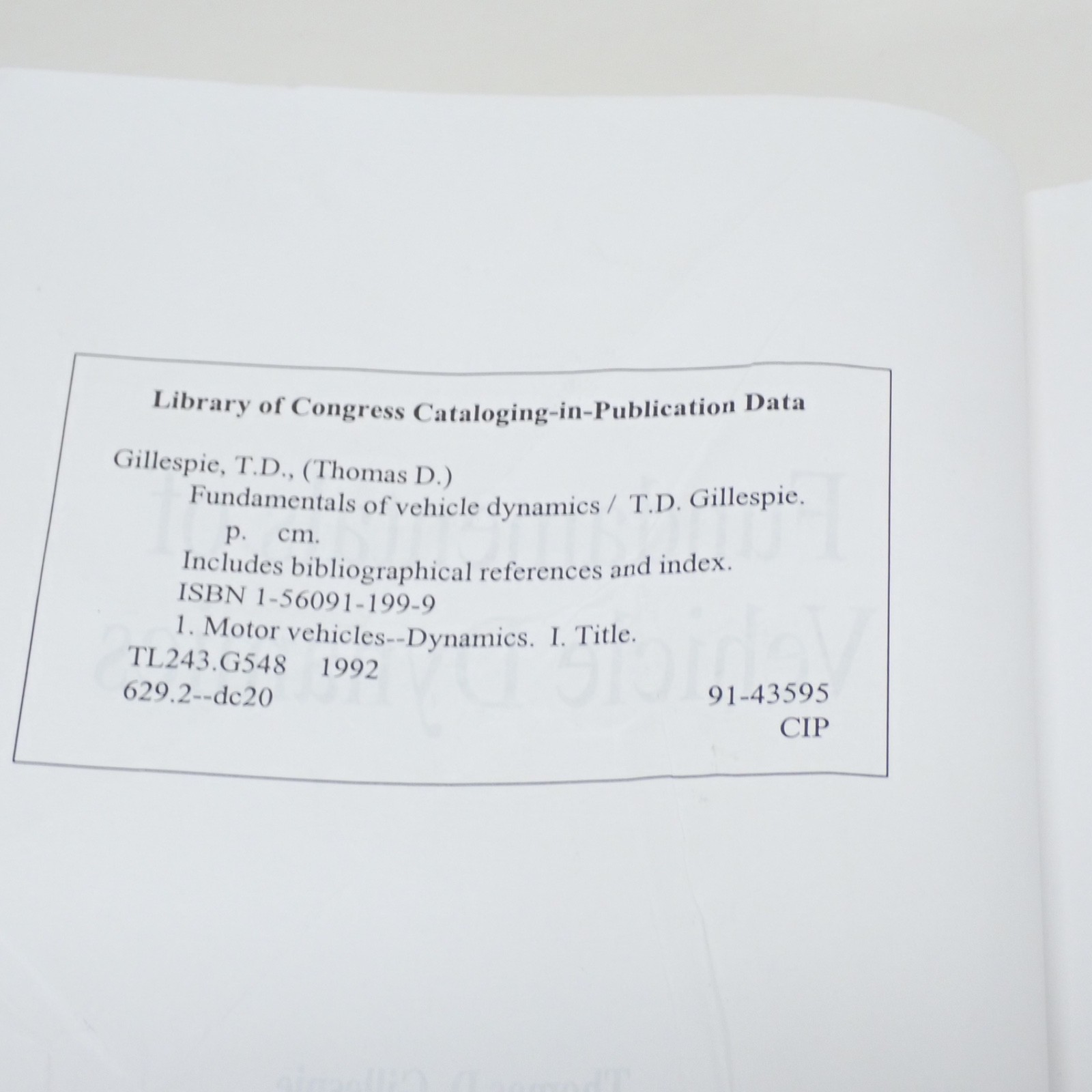 FUNDAMENTALS Of VEHICLE DYNAMICS By Thomas D. Gillespie – Hardcover Automotive
