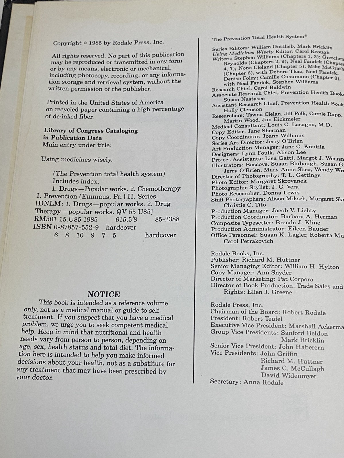 Using Medicines Wisely Hardcover 1985 Rodale Press Prevention Health System