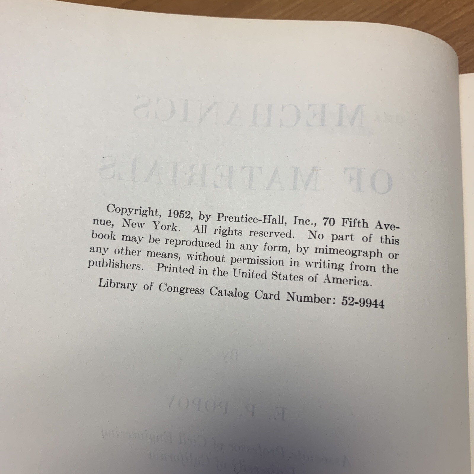 1952 Mechanics Of Materials E.P. POPOV Prentice-Hall. Inc. BS1