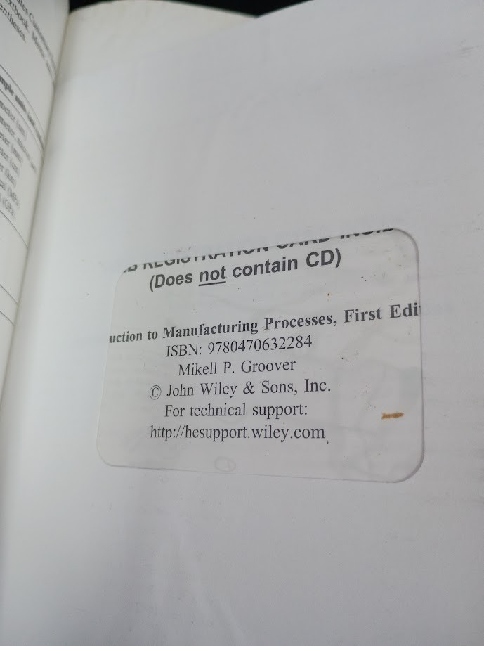 Introduction to Manufacturing Processes Groover Wiley 1st Ed Registration Card G