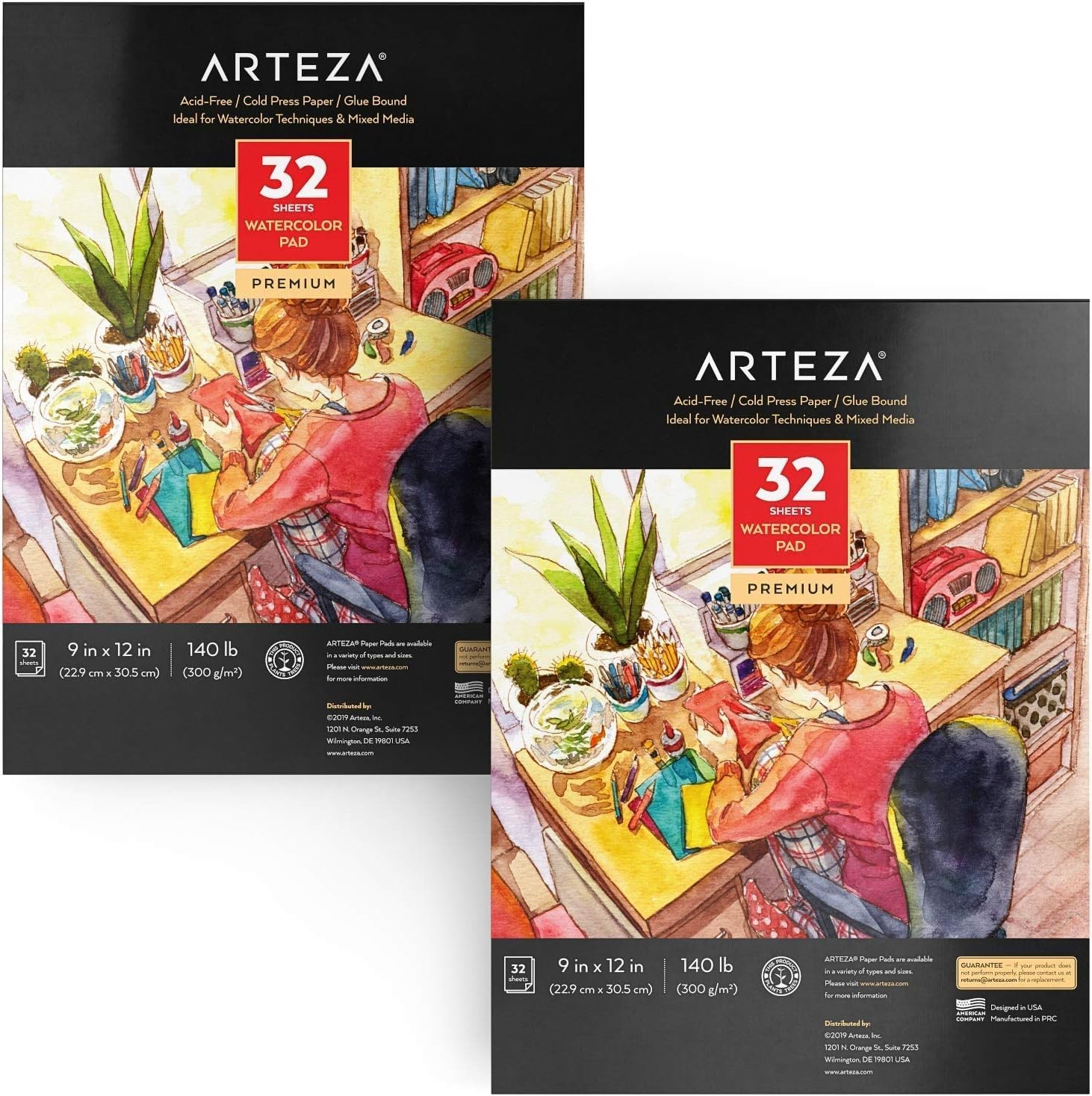 Watercolor Paper Pads 9×12 in, 140 lb Cold Press, Acid-Free, 32 Sheets, 2 Pack