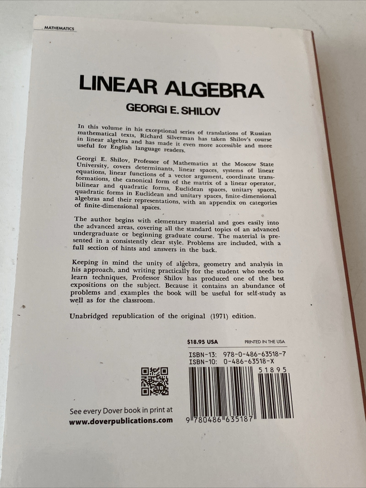 Linear Algebra by Georgi E Shilov: Used