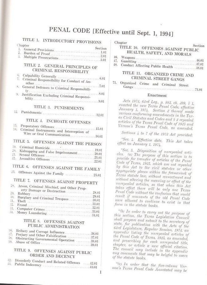 Texas Penal Code Tenth Edition 1994 by West Publishing Company