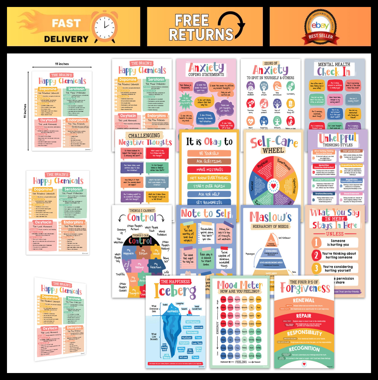 15 Mental Health Posters for Classroom & Office – 11x14in Educational Decor, Mat