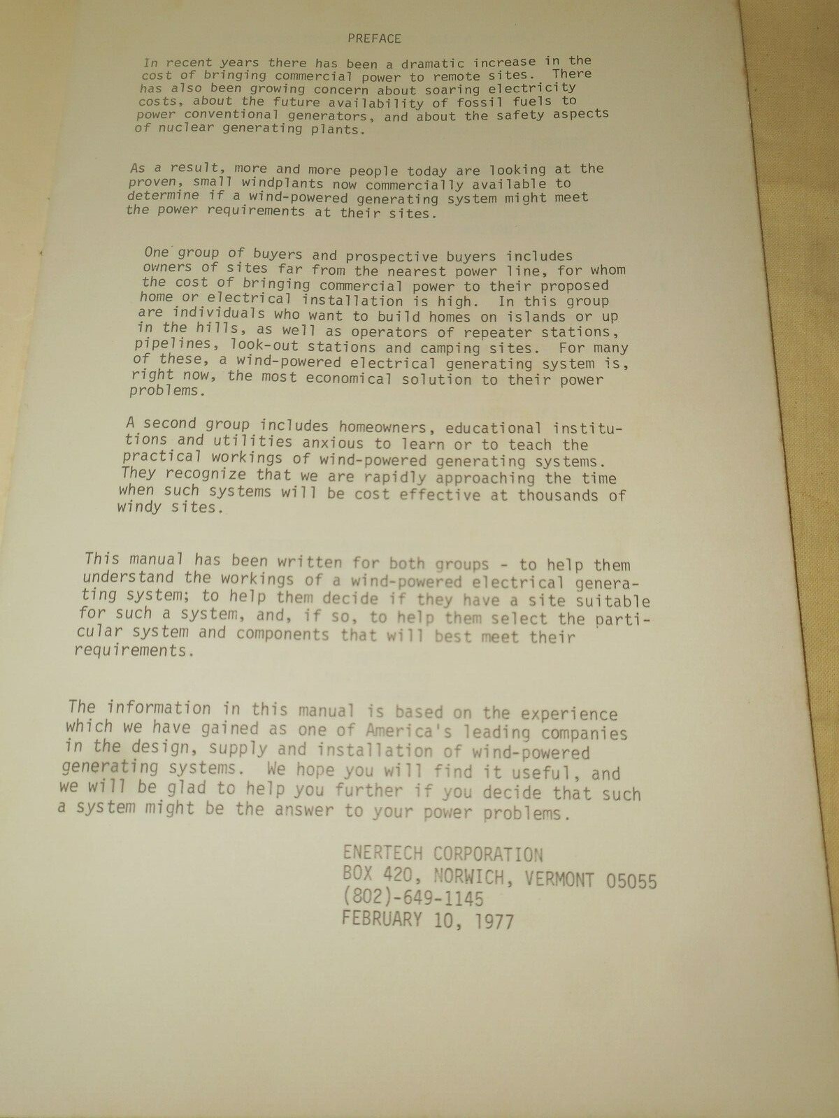 Planning a Wind Power Generating System Technical Manual 1977 ENERTECH Corp.