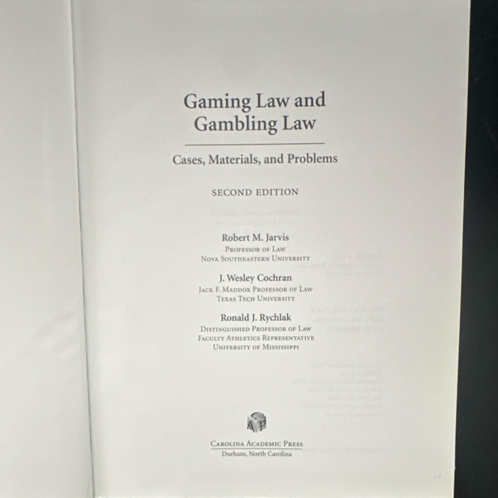 Carolina Academic Press Gaming Law Gambling Law 2nd Ed Hardcover Jarvis