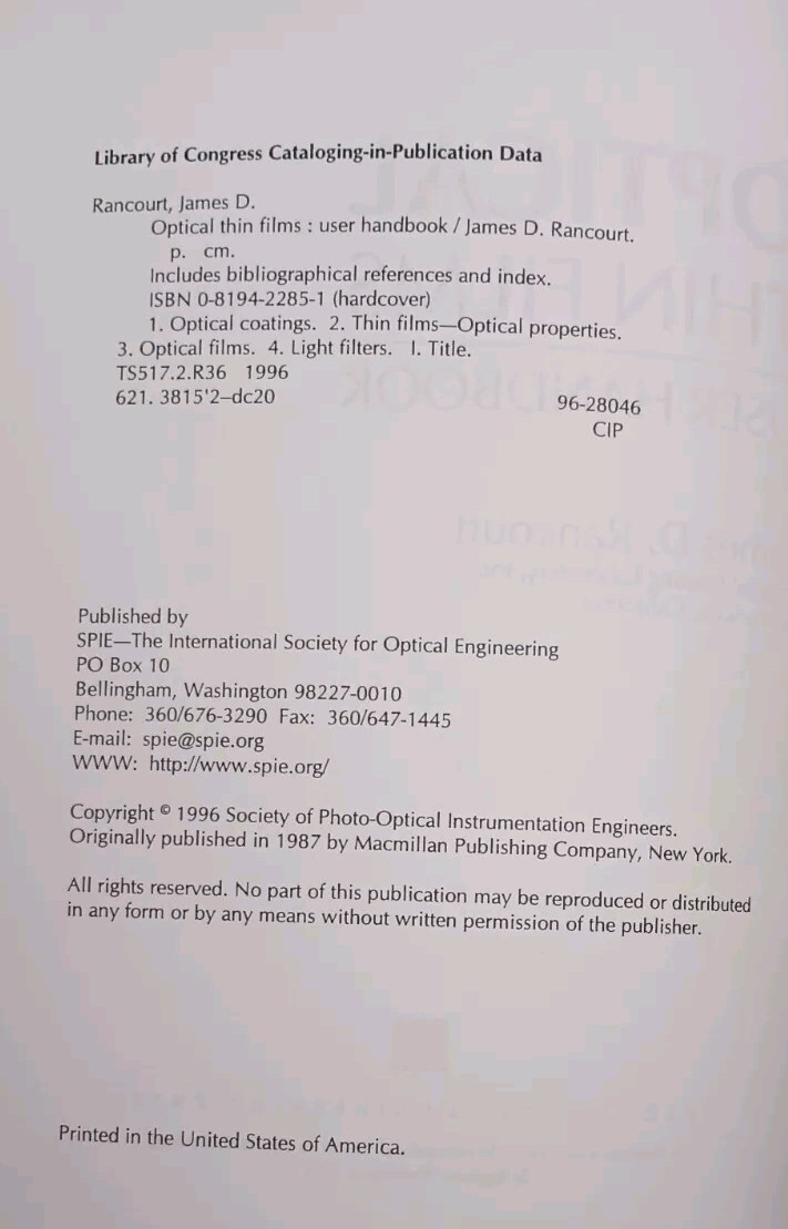 OPTICAL THIN FILMS: USER HANDBOOK (SPIE PRESS MONOGRAPH By James D. Rancourt VG+