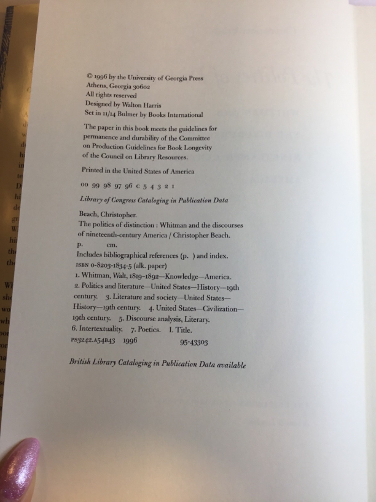 Politics of Distinction : Whitman and the Discourses of Nineteenth-Century..96’