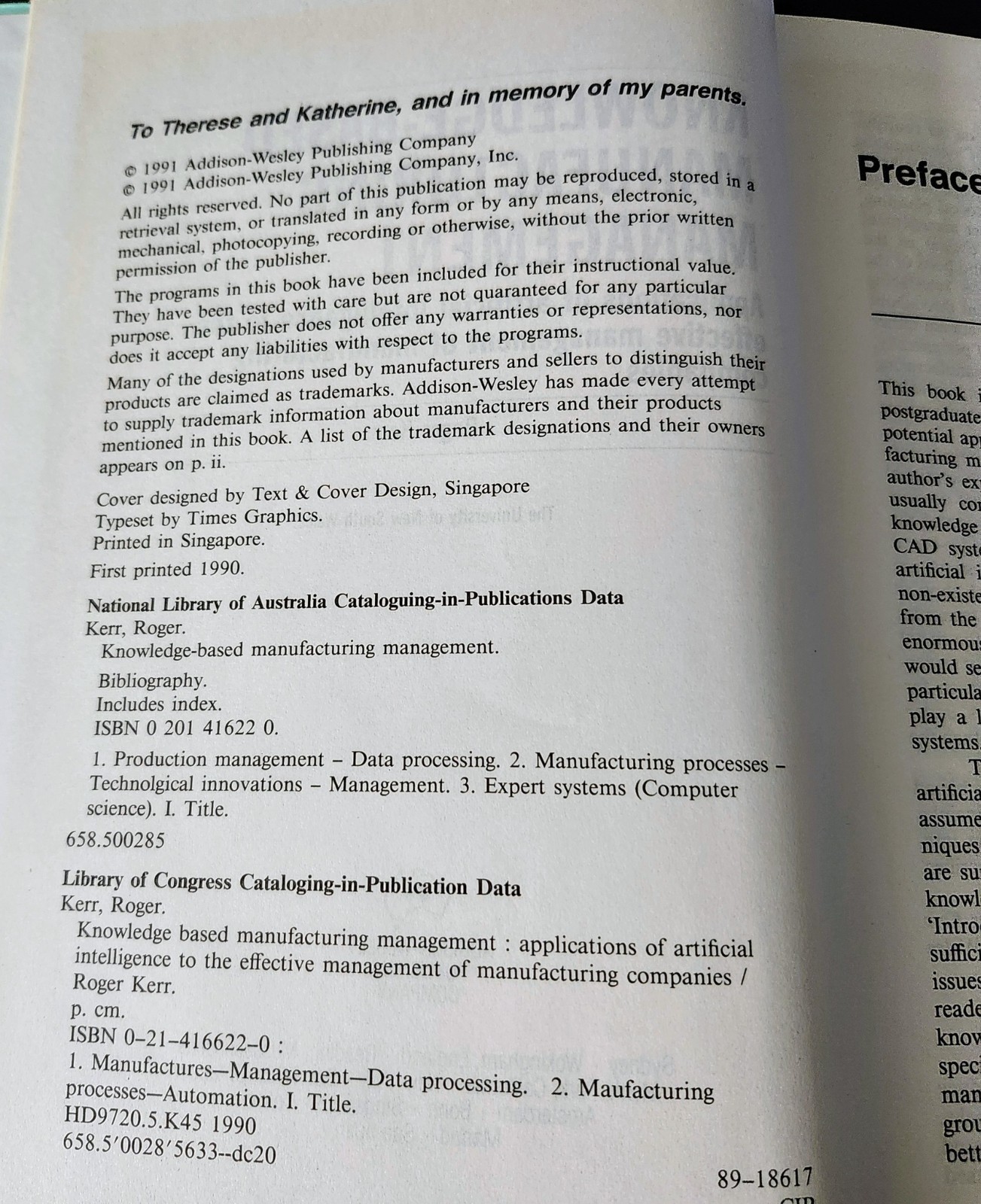 1991 KNOWLEDGE-BASED MANUFACTURING MANAGEMENT: APPLICATIONS OF By Roger Kerr