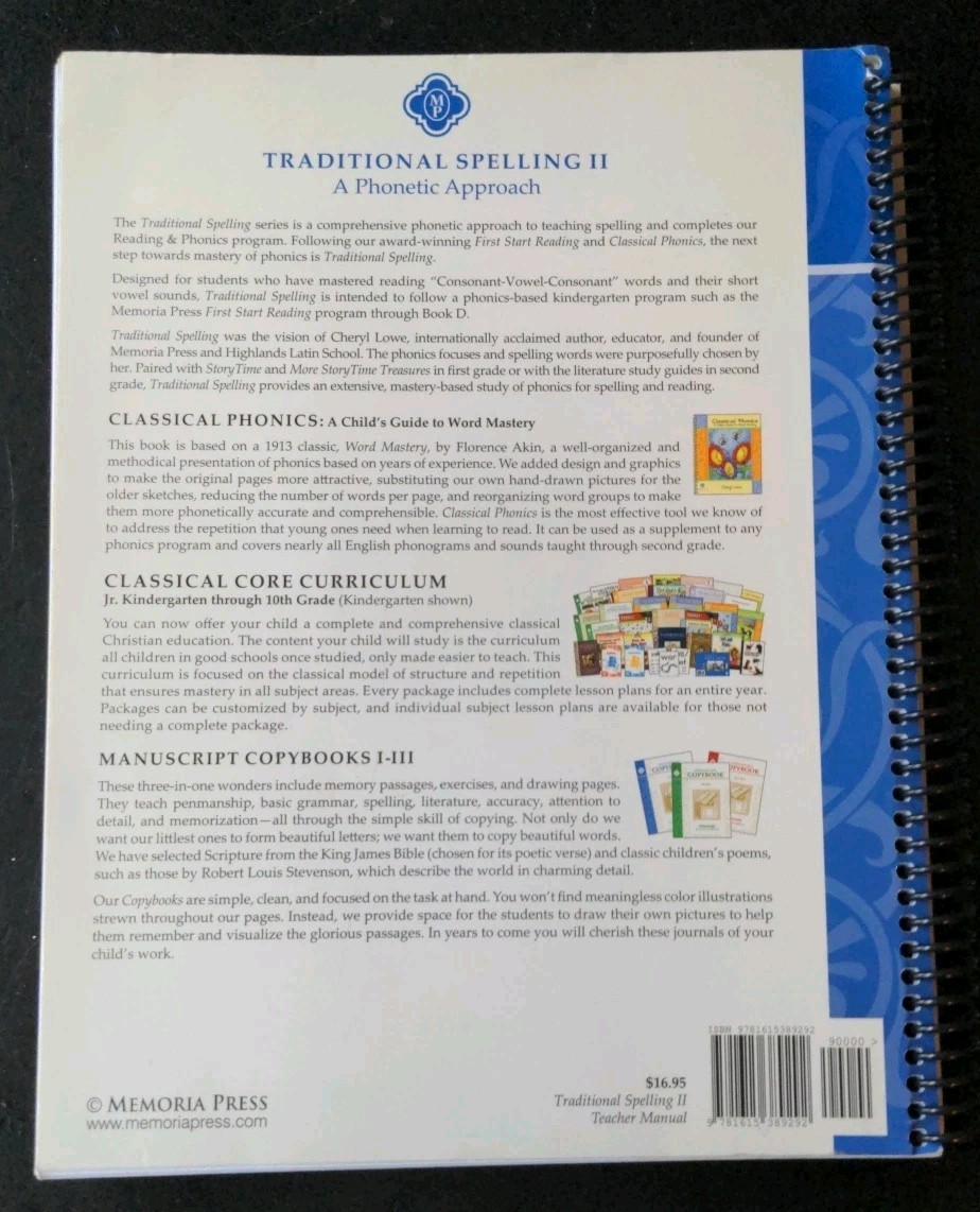 Traditional Spelling: Book Two–TEACHER MANUAL–Memoria Press–Lowe