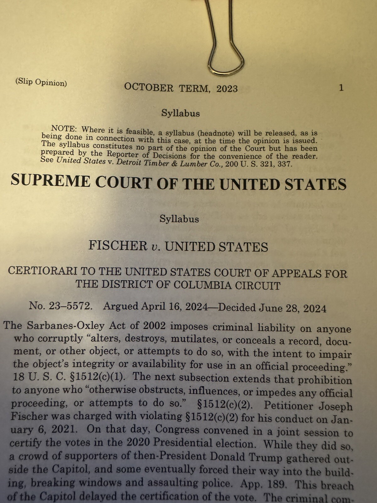 SUPREME COURT RULING ON INSURRECTIONISTS FISCHER VS USA 6-28-2024, 43 Pages