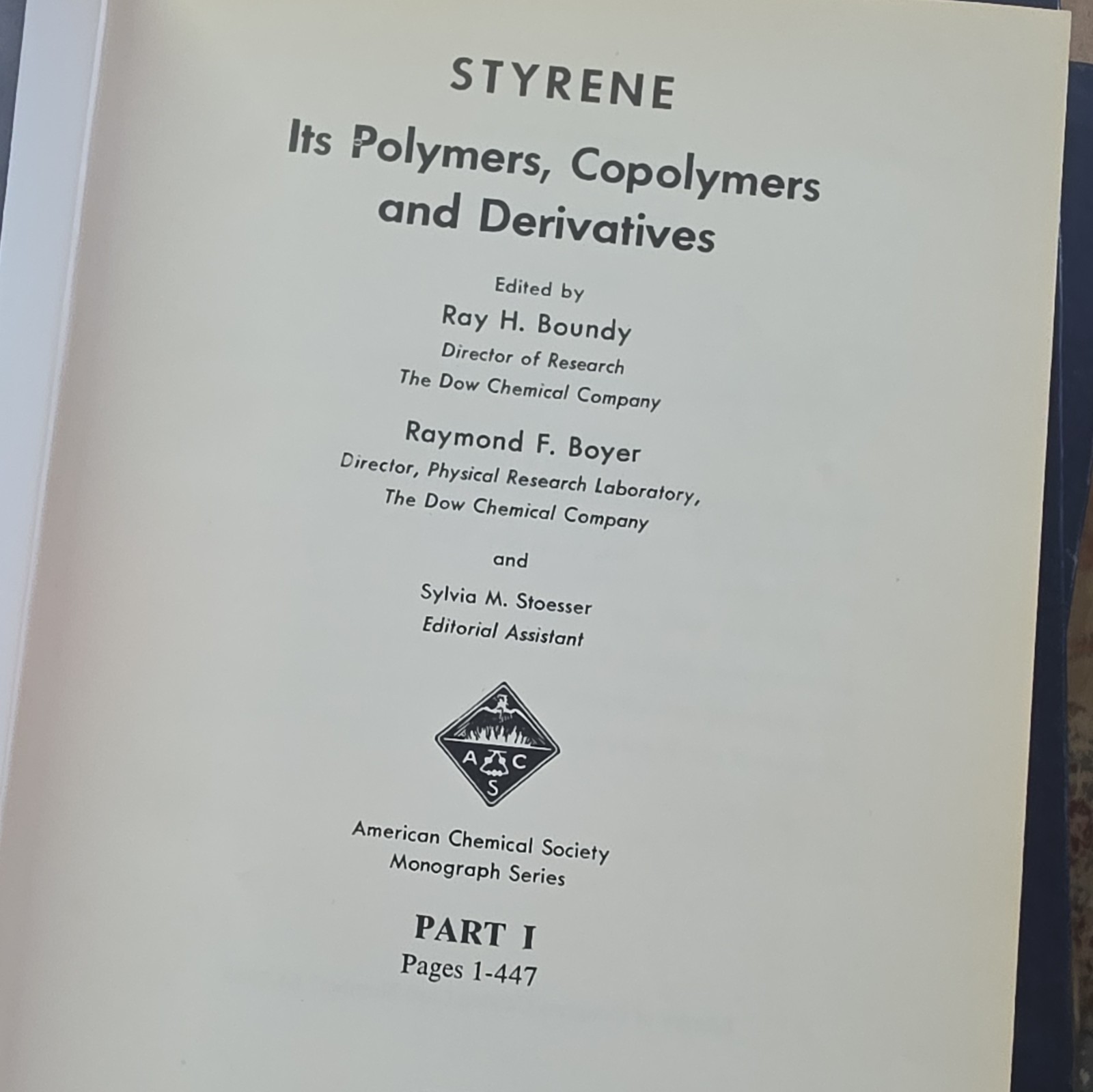 Styrene Polymers Copolymers Derivatives ACS Monograph 3 Vol Boundy Boyer