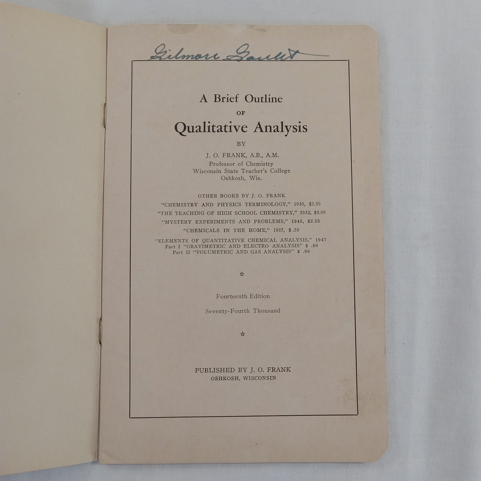 Qualitative Analysis J.O. Frank Fourteenth Edition 1948 Chemistry Booklet 38 Pgs